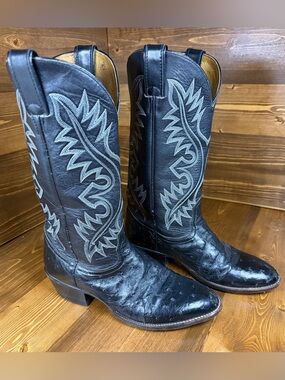Vintage Nocona Boots Full Quill Ostrich 11 D Black